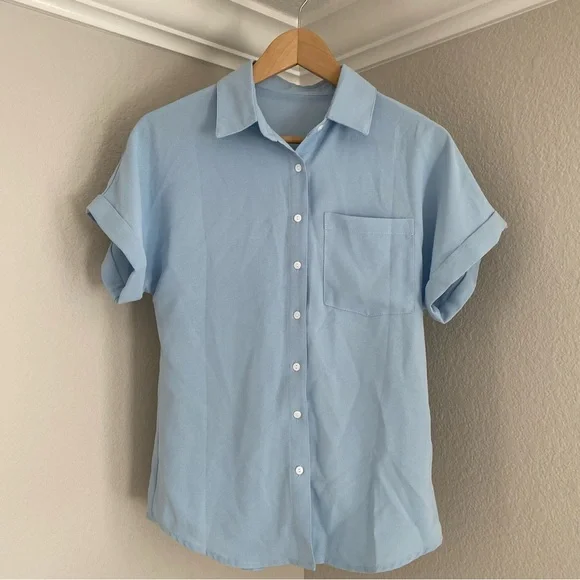 Womens Short Sleeve Shirts V Neck Collared Button Down with Pockets Blue XS - Picture 1 of 5